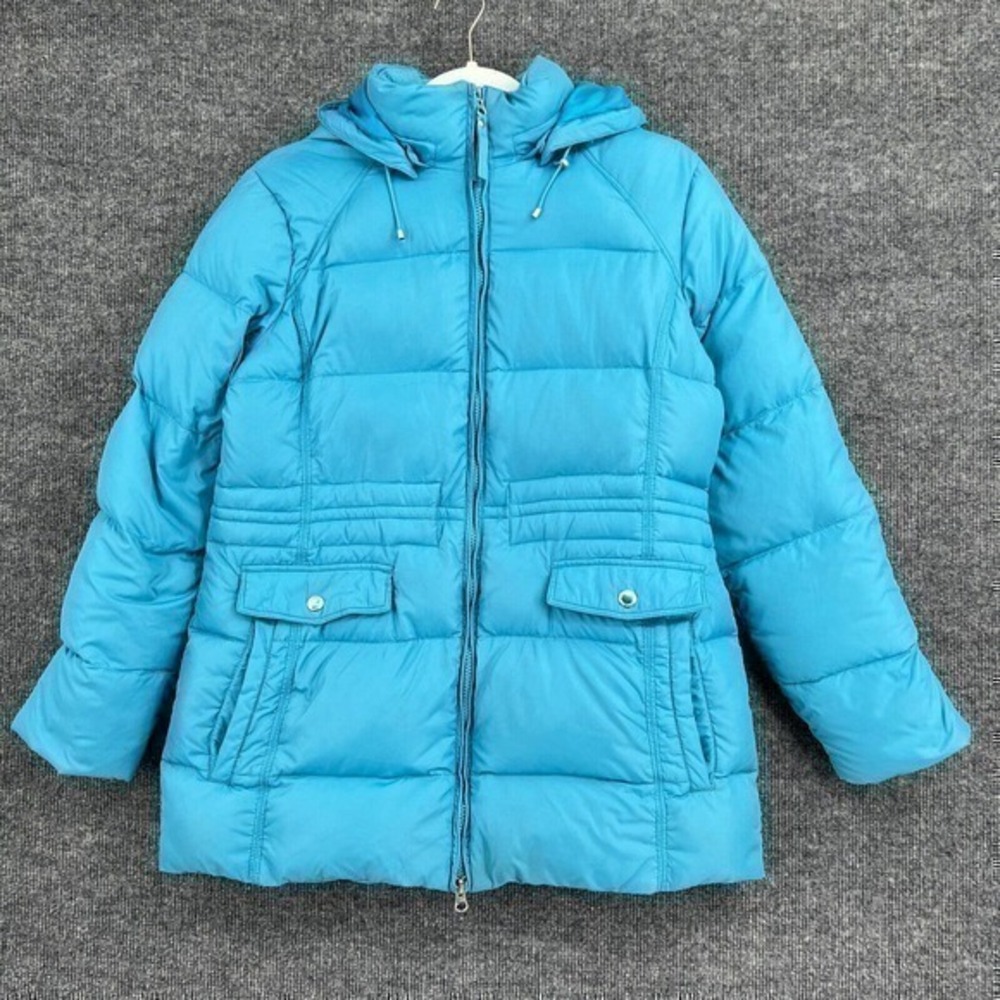 Lands End Down Puffer Coat Womens S Blue Quilted Full Zip Removable Hood Parka